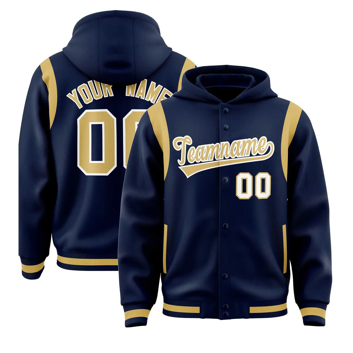 Navy Old Gold Shoulder Color Block Full-Snap Varsity Letterman Jacket Hoodie