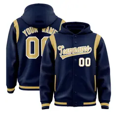 Navy Old Gold Shoulder Color Block Full-Snap Varsity Letterman Jacket Hoodie