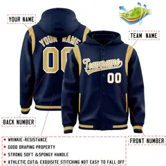 Navy Old Gold Shoulder Color Block Full-Snap Varsity Letterman Jacket Hoodie 4