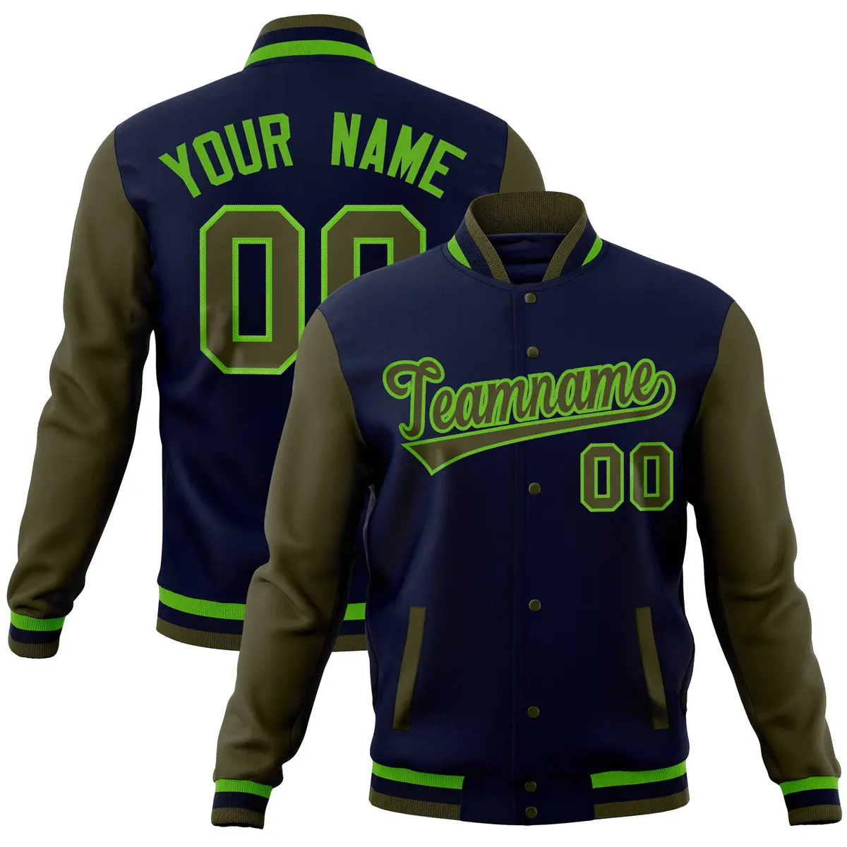 Navy Olive Full-Snap Raglan Varsity Letterman Baseball Jacket