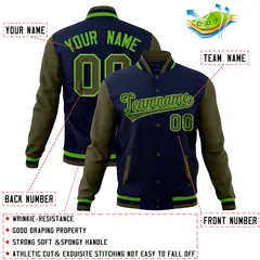 Navy Olive Full-Snap Raglan Varsity Letterman Baseball Jacket 4