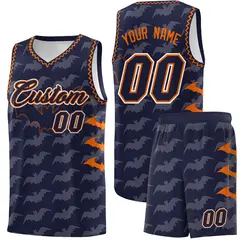 Navy Orange Bat Pattern Halloween Basketball Jersey 1