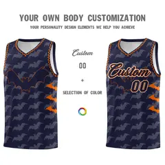 Navy Orange Bat Pattern Halloween Basketball Jersey 3