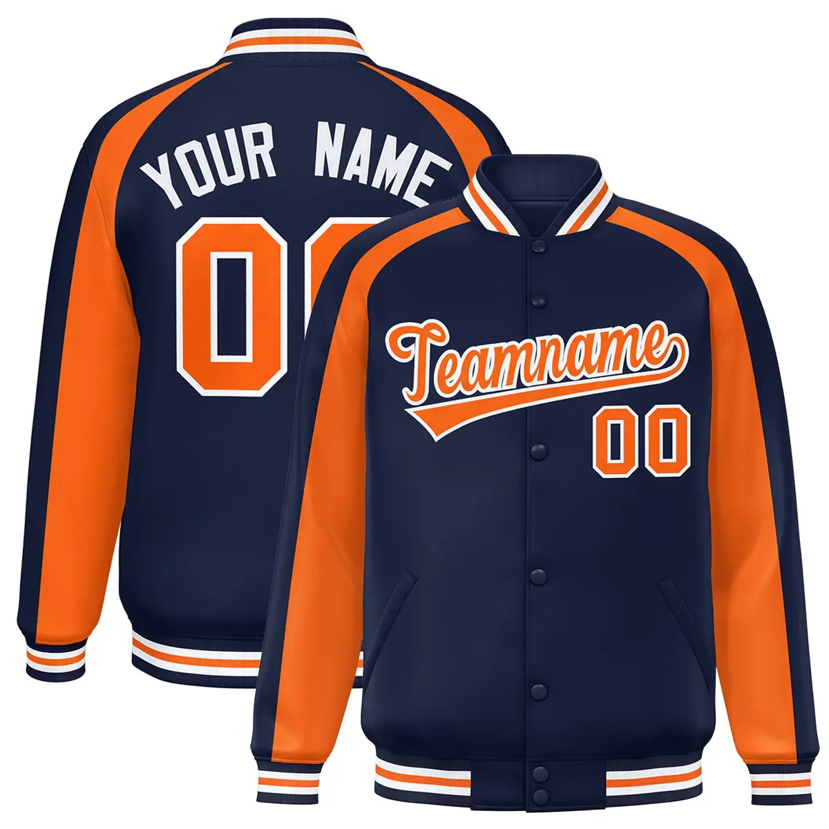 Navy Orange Color Block Raglan Varsity Letterman Jacket