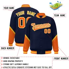 Navy Orange Color Block Varsity Letterman Baseball Jacket 2