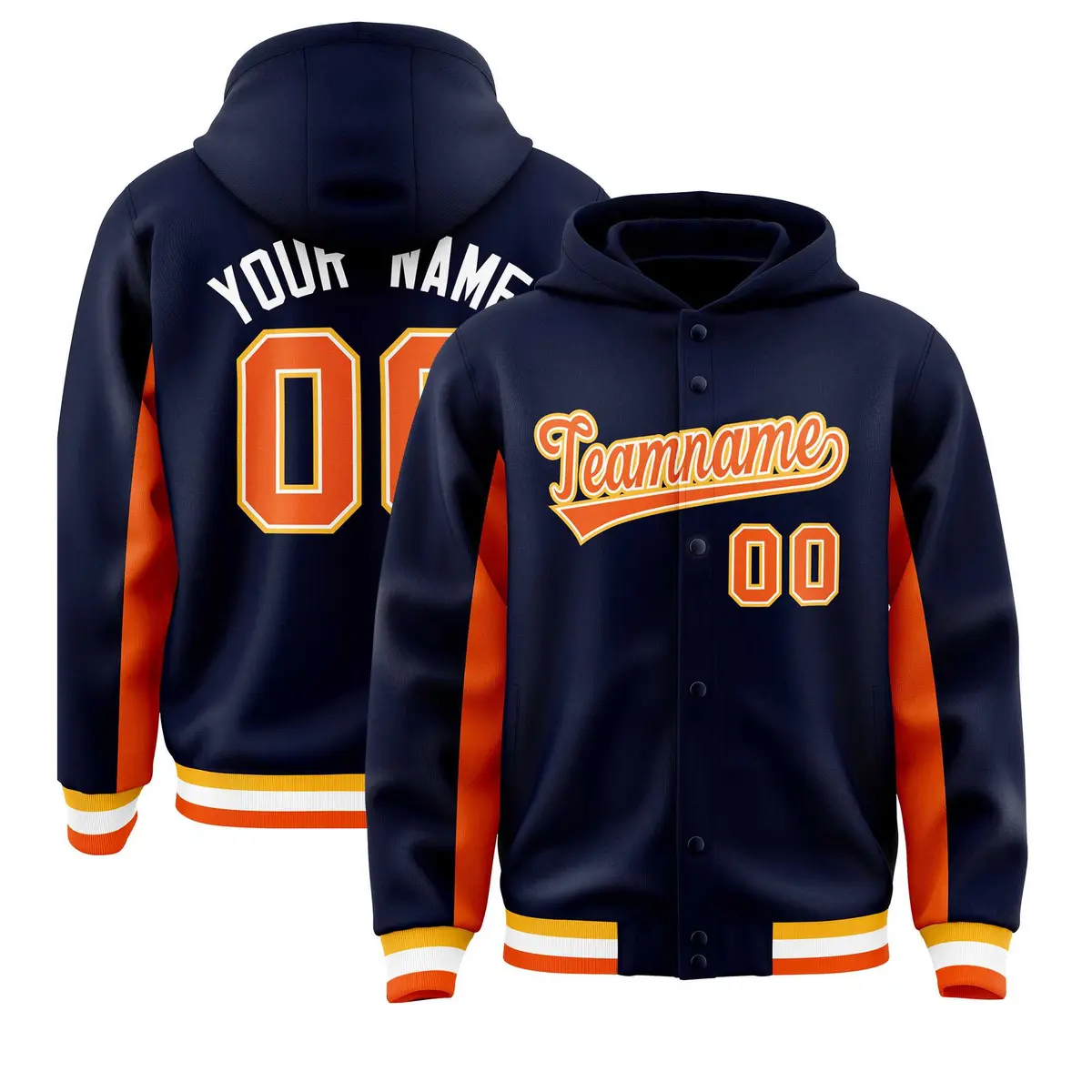 Navy Orange Color Block Varsity Letterman Hoodie Jacket