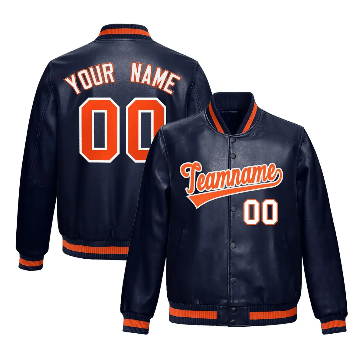 Navy Orange Faux Leather Letterman Jacket Full-Snap Varsity