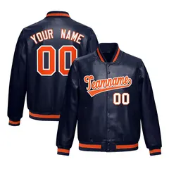 Navy Orange Faux Leather Letterman Jacket Full-Snap Varsity 1