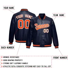 Navy Orange Faux Leather Letterman Jacket Full-Snap Varsity 2
