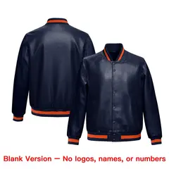 Navy Orange Faux Leather Letterman Jacket Full-Snap Varsity 6