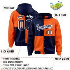 Navy Orange Four Squares Color Block Varsity Letterman Jacket Hoodie 4