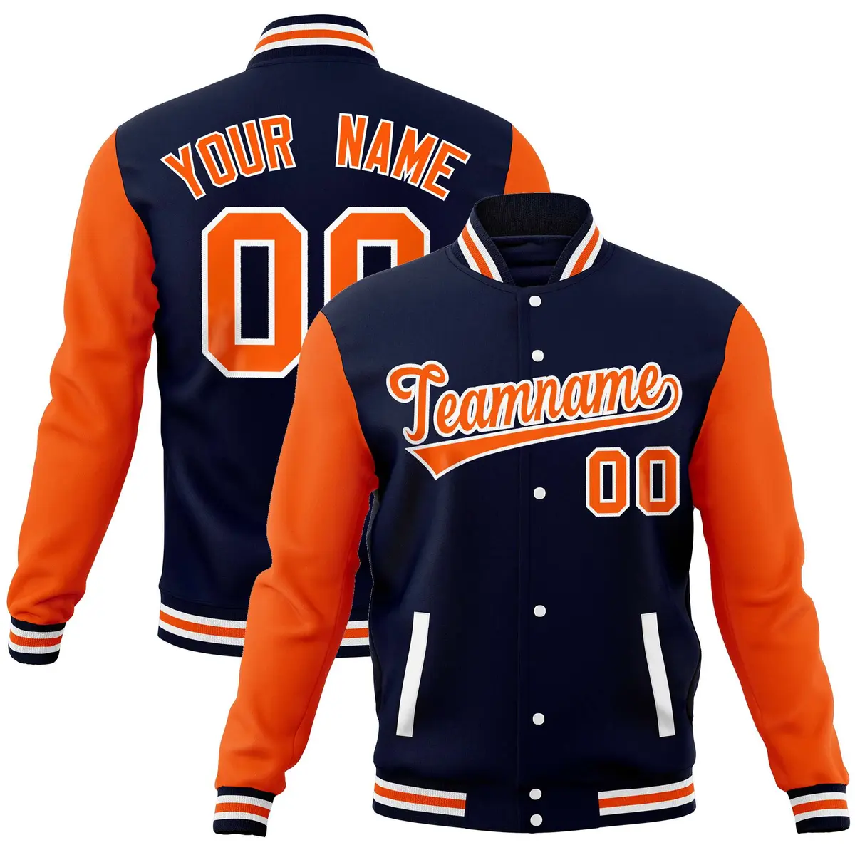Navy Orange Full-Snap Raglan Varsity Letterman Baseball Jacket