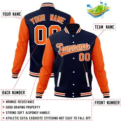 Navy Orange Full-Snap Raglan Varsity Letterman Baseball Jacket 4