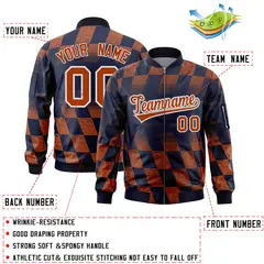 Navy Orange Grid Color Block Letterman Varsity Bomber Jacket 2