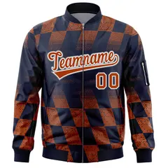 Navy Orange Grid Color Block Letterman Varsity Bomber Jacket 3