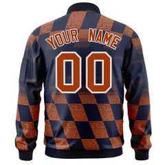 Navy Orange Grid Color Block Letterman Varsity Bomber Jacket 4