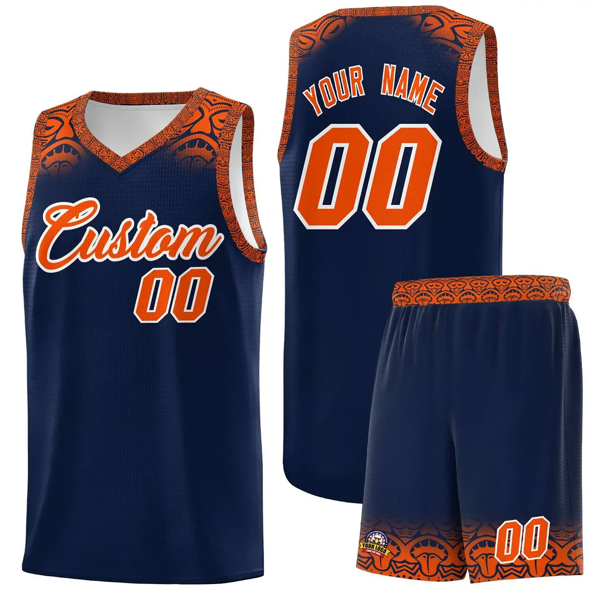 Navy Orange Indians Print Basketball Uniform Jersey