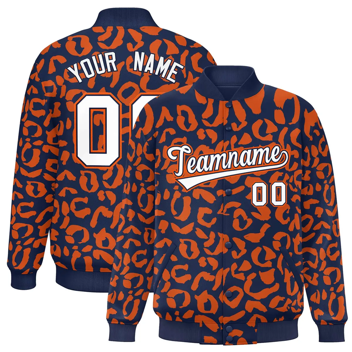 Navy Orange Leopard Graffiti Varsity Letterman Jacket