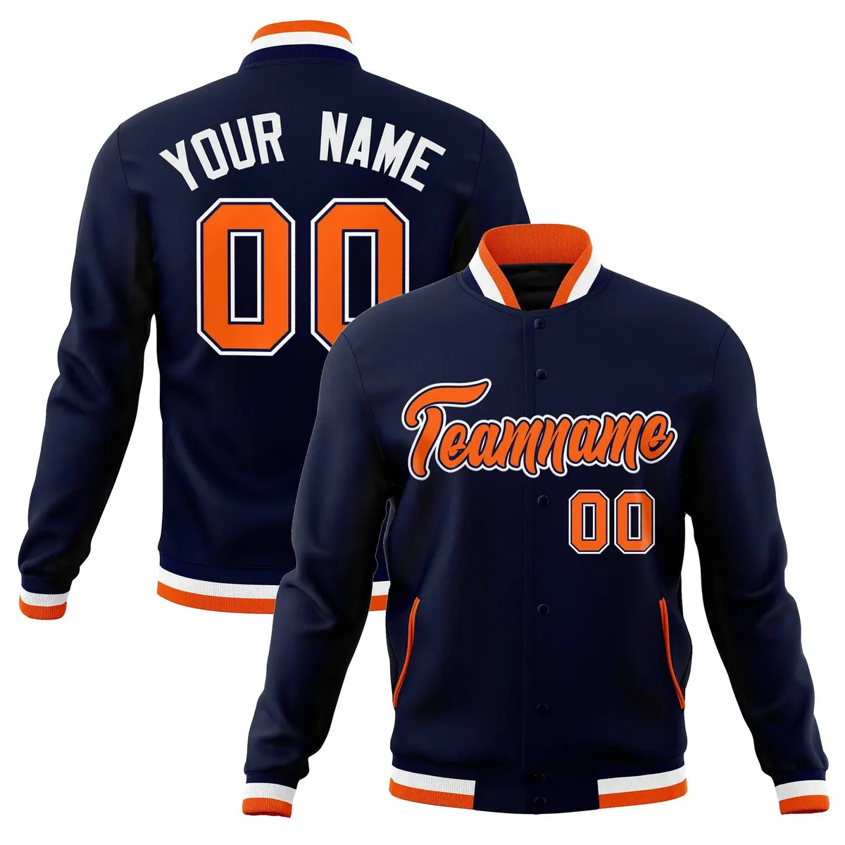 Navy Orange-Navy Full-Snap Varsity Letterman Jacket