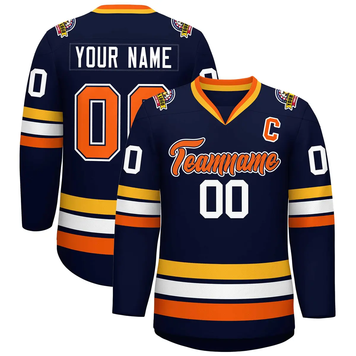 Navy Orange Navy-White Classic Style Hockey Jersey