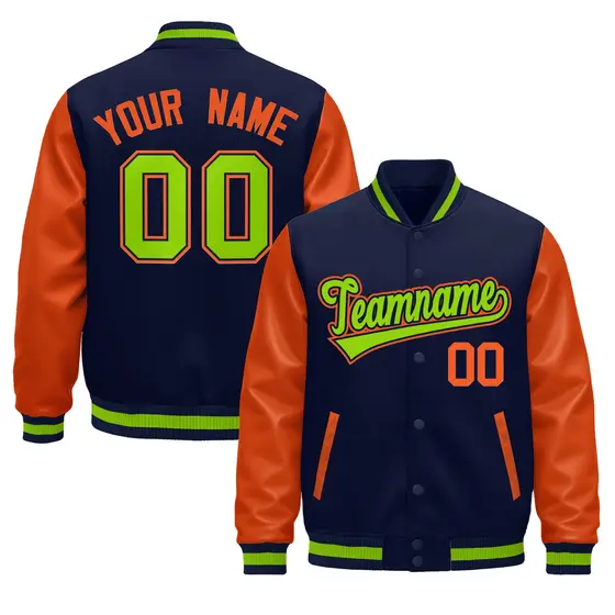 Navy Orange Neon Green Varsity Full-Snap Letterman Jacket