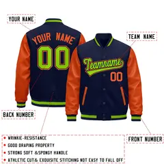 Navy Orange Neon Green Varsity Full-Snap Letterman Jacket 2