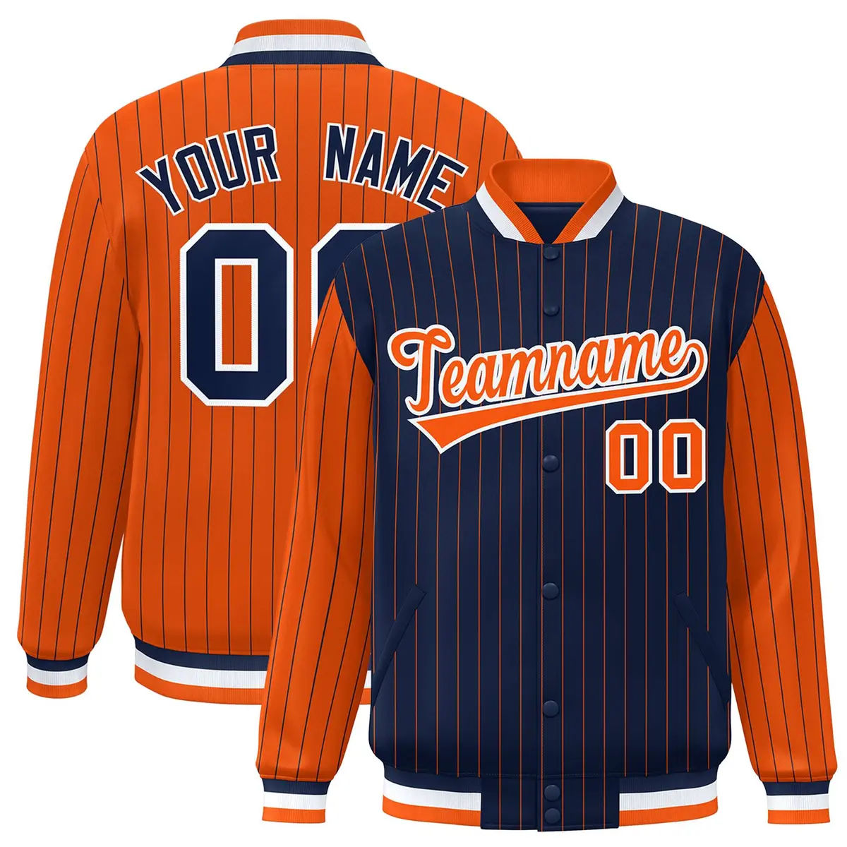 Navy Orange Pinstripe Raglan Varsity Letterman Baseball Jacket