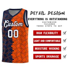 Navy Orange Puzzle Pattern Splid Basketball Kits 2