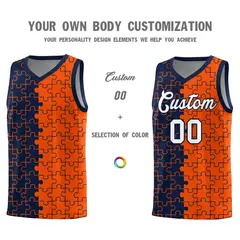 Navy Orange Puzzle Pattern Splid Basketball Kits 3