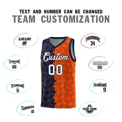 Navy Orange Puzzle Pattern Splid Basketball Kits 4