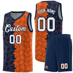 Navy Orange Puzzle Pattern Splid Basketball Kits 1