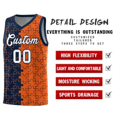 Navy Orange Puzzle Pattern Splid Basketball Kits 2