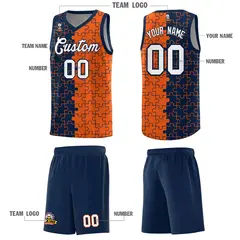 Navy Orange Puzzle Pattern Splid Basketball Kits 5