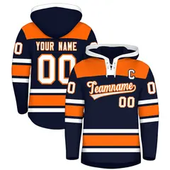 Navy Orange Raglan Lace-Up Neck Hockey Hoodie Jersey