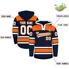 Navy Orange Raglan Lace-Up Neck Hockey Hoodie Jersey 2