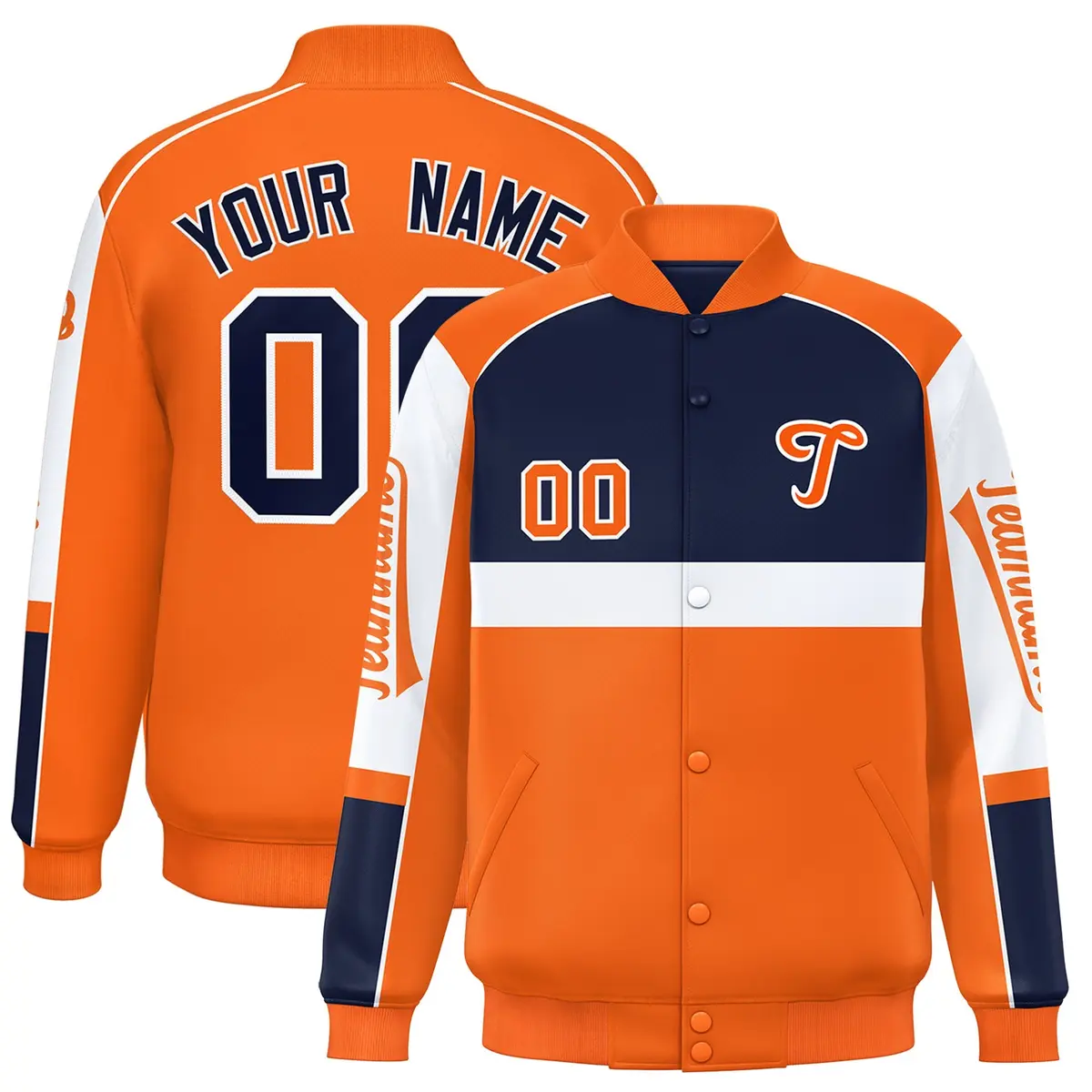Navy Orange Raglan Sleeves Varsity Letterman Jacket