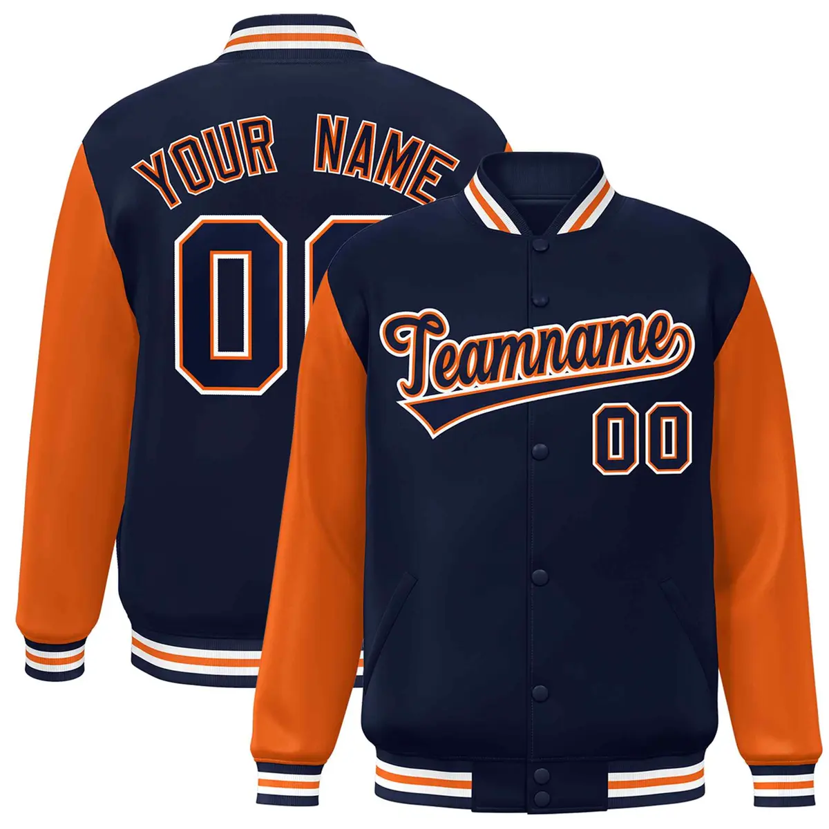 Navy Orange Raglan Varsity Full-Snap Letterman Jacket