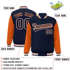 Navy Orange Raglan Varsity Full-Snap Letterman Jacket 2