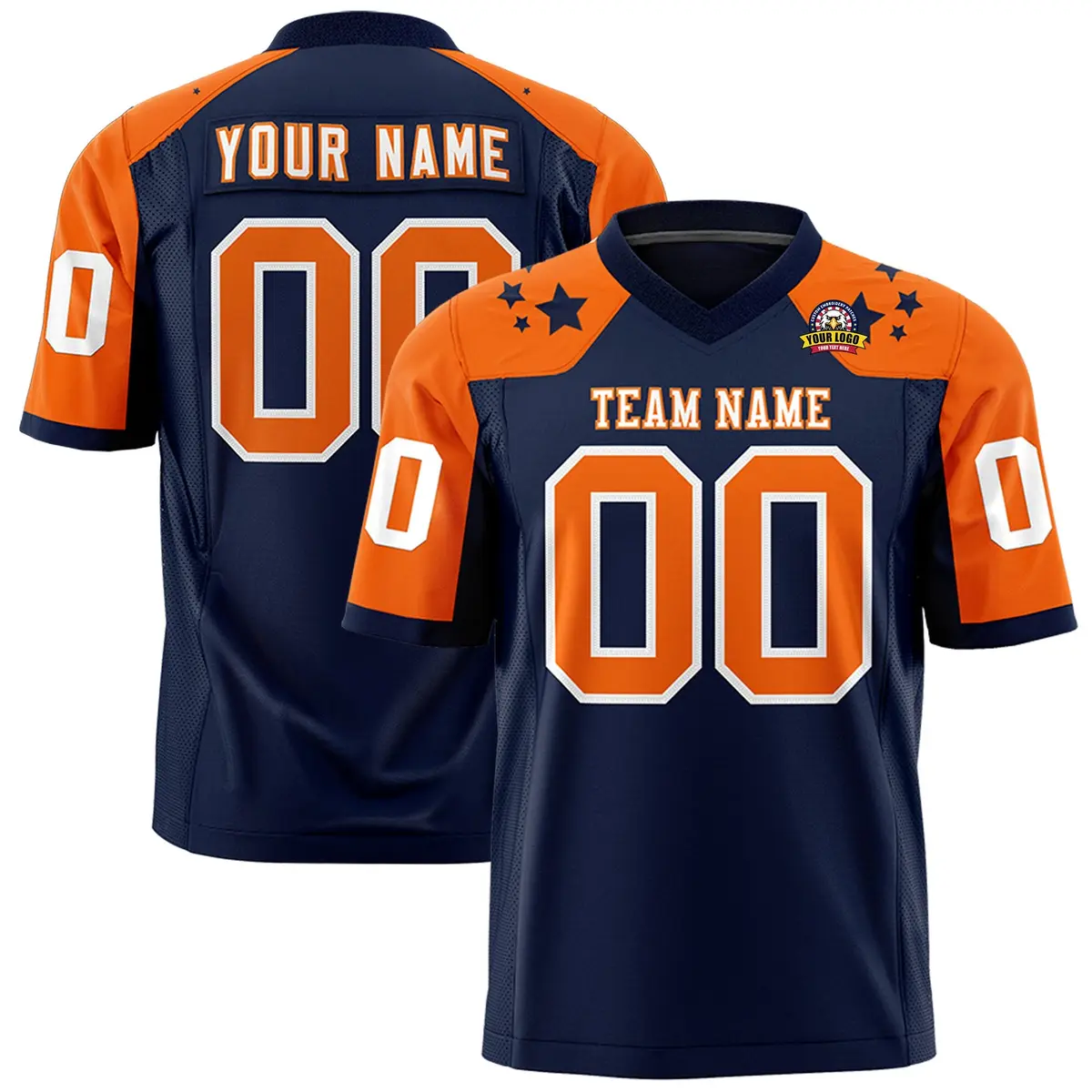 Navy Orange Shoulder Star Pattern Flag Football Jersey