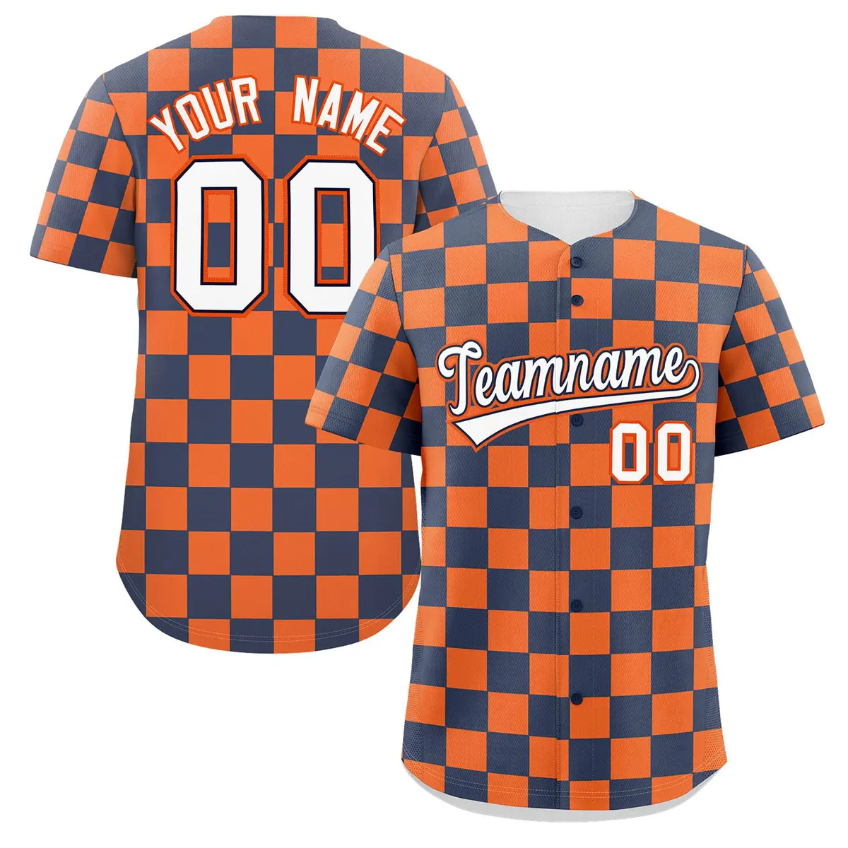 Navy Orange Square Grid Color Block Baseball Jersey
