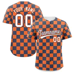 Navy Orange Square Grid Color Block Baseball Jersey