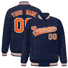 Navy Orange Star Pattern Varsity Full-Snap Letterman Baseball Jacket 1