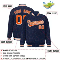 Navy Orange Star Pattern Varsity Full-Snap Letterman Baseball Jacket 2