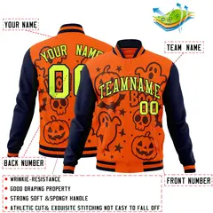 Navy Orange Teal Halloween Bats Pumpkins Ghost Letterman Jacket 2