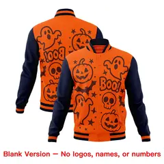 Navy Orange Teal Halloween Bats Pumpkins Ghost Letterman Jacket 7