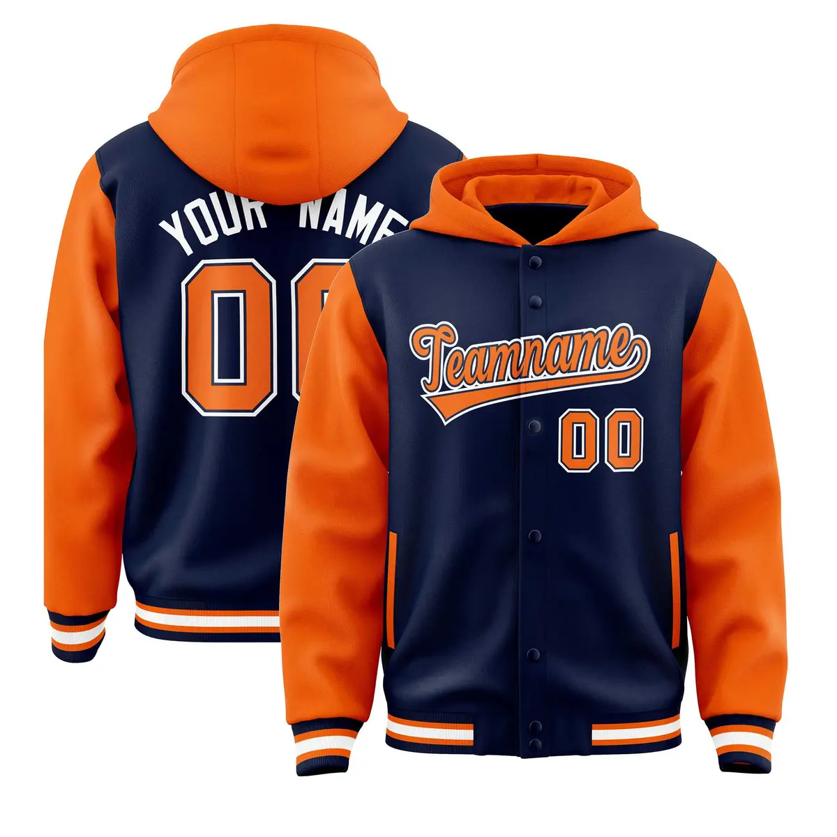 Navy Orange Two Tone Full-Snap Raglan Sleeves Varsity Letterman Jacket Hoodie