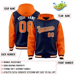Navy Orange Two Tone Full-Snap Raglan Sleeves Varsity Letterman Jacket Hoodie 4