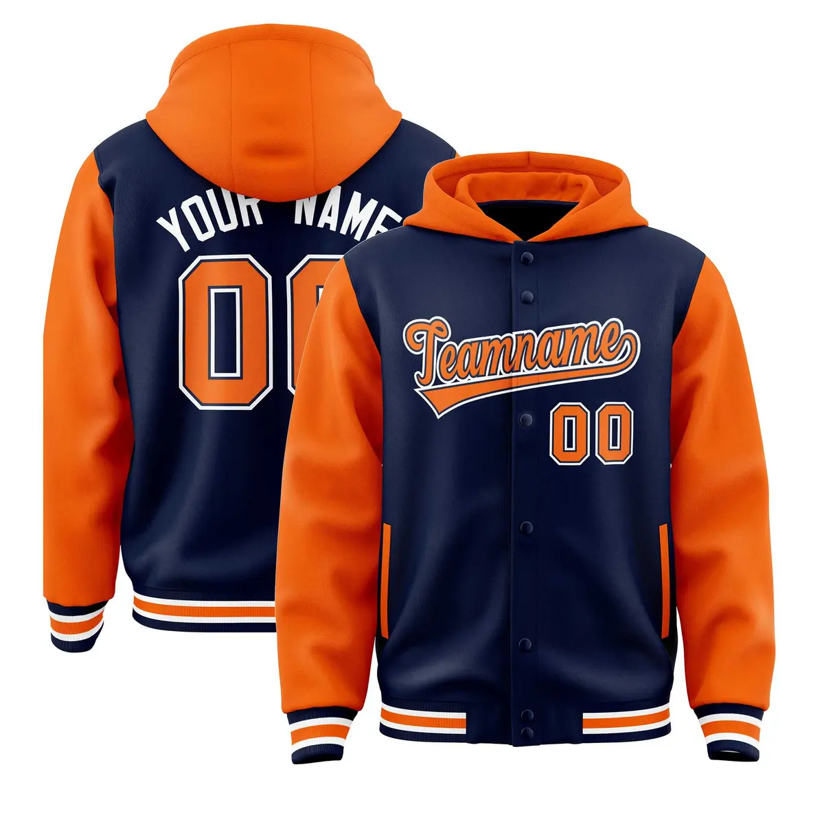 Navy Orange Two Tone Full-Snap Raglan Sleeves Varsity Letterman Jacket Hoodie