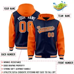 Navy Orange Two Tone Full-Snap Raglan Sleeves Varsity Letterman Jacket Hoodie 4