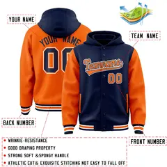 Navy Orange Two Tone Full-Snap Raglan Sleeves Varsity Letterman Jacket Hoodie 4